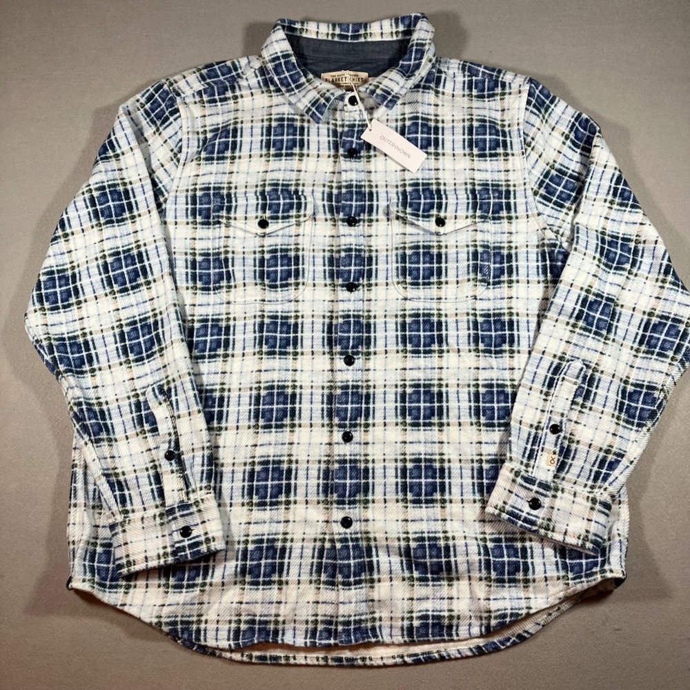 NWT Outerknown Blanket Shirt XL Blue White Plaid Organic Cotton Flannel Shacket